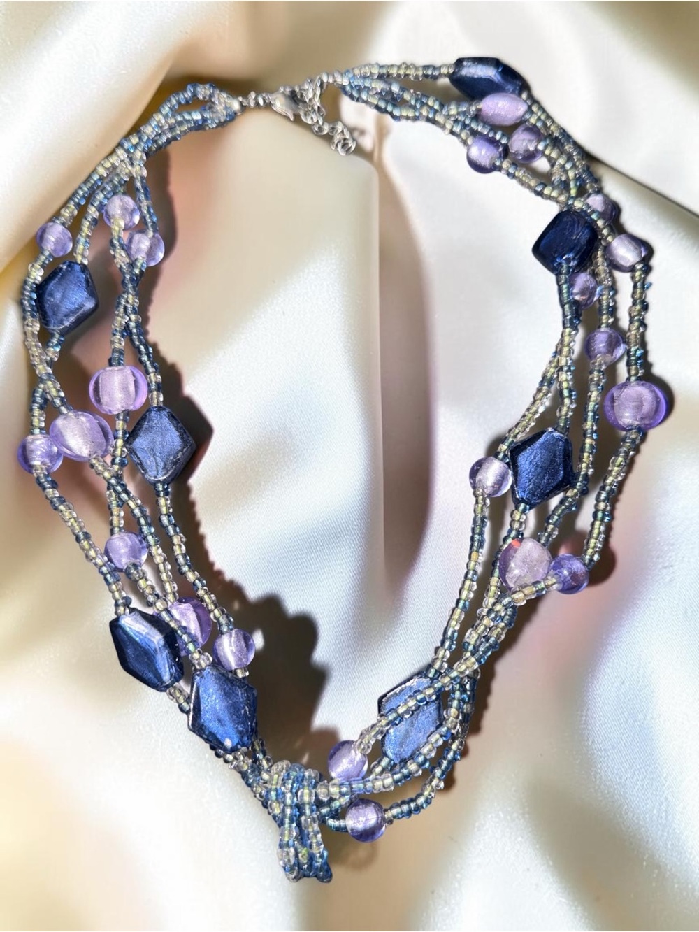 Blue Purple Multi Strand Beaded Statement Necklace with Large Pendant - Picture 4 of 6